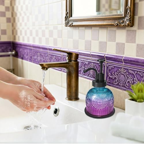 SheeChung 8Oz Vintage Glass Soap Dispenser Bathroom, Kitchen Dish Soap Dispenser with Pump, Refillable Hand Soap Dispenser, Antique Liquid Lotion Bottle, Farmhouse Decor (Purple Blue-Black Pump, 1 Pc) - color: Purple Gradient-black Pump-1 Pack