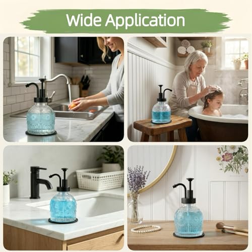 Vintage Glass Soap Dispenser 2 Pack for Bathroom Kitchen, with Black Pump and Non-Slip Mat, Refillable for Hand Soap, Dish Soap, Lotion, Shower Gel, Modern Farmhouse Decor (8 oz, White) - color: White