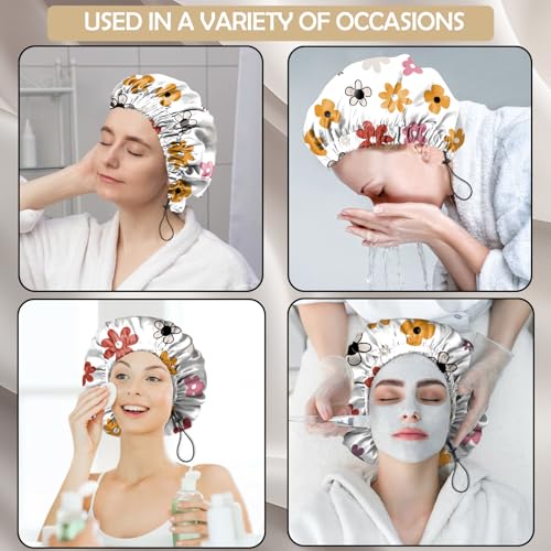 2 PCS Shower Cap Adjustable Reusable Double Waterproof Layer Elastic Hair Bath Cap Cute Aesthetic for Women Girls-Flowers 2 - color: I26-Flowers 2