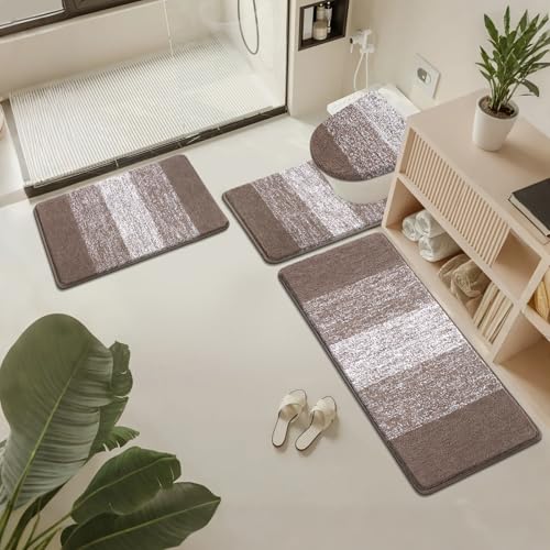 Bsmathom Bathroom Rugs Sets 4 Piece with Toilet Lid Cover, Non-Slip Bathroom Rugs and Mats Sets, Absorbent Bath Rugs Microfiber Shaggy Machine Washable Bath Rug Set, Coffee - color: Coffee, size: 20"x31"+20"x59"+U20"x24"+Cover19"x21"