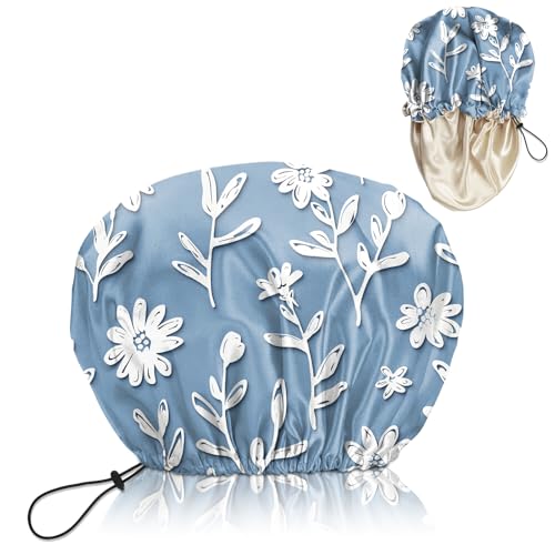 Luxury Shower Cap Satin Lined Reusable Waterproof Double Layer Elastic Adjustable Hair Bath Cap Cute Aesthetic Women Girls-Bule - color: F16-Bule