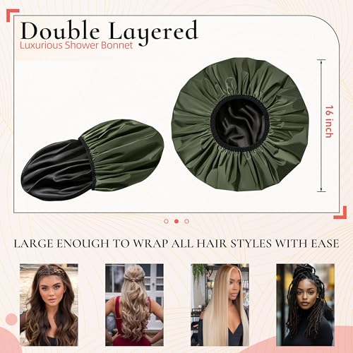 Extra Large Shower Cap for Women, Reusable Waterproof Shower Bonnet with Satin Lining, Double Layer Washable Bath Hair Cap for Braids, Locs, Long Thick Curly Hair, Natural Hair(Big Green) - color: Green
