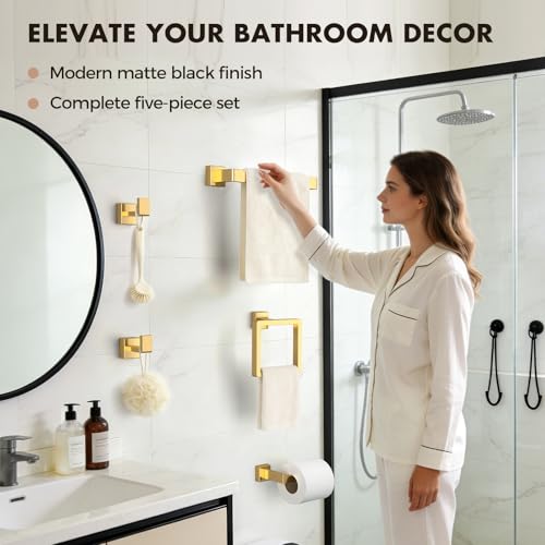 Bathroom Accessory Towel Bar Set: 15 Pieces Gold Bathroom Hardware Square SUS304 Stainless Steel - Wall Mounted Towel Rack&Toilet Paper Holder&Towel Ring and Towel Hook - color: Gold, size: 16inch 15 Pieces