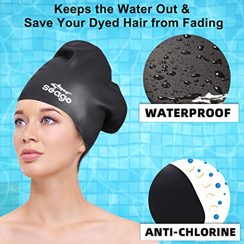 Swim Cap Long Hair 2 Pack Swimming Caps for Women Silicone Swim Caps Keep Hair Dry Waterproof Comfortable Flexible Durable Bathing Cap Tear-Proof Design Large Women Adult Swimming Cap 10+ Years Girls - color: Black & White
