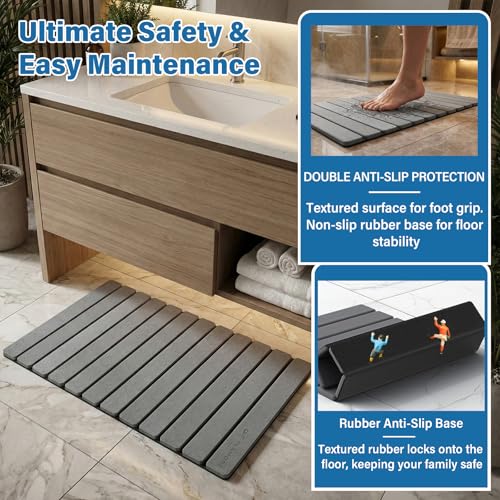 ELAMORE Foldable Stone Bath Mat – Diatomaceous Earth Bath Mat, Super Absorbent Quick Dry Shower Mat, Non Slip Bathroom Floor Mat, 28 x 16 Inches Gray - size: 28" x 16" (Rectangular)