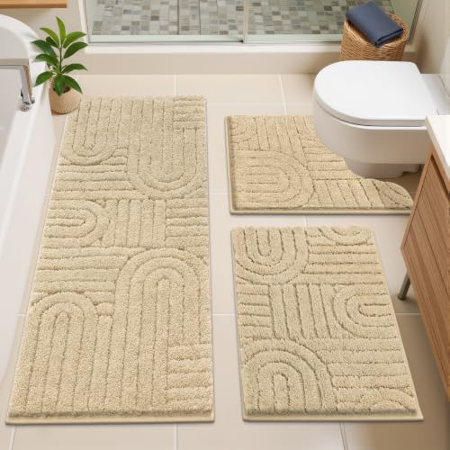 Vaukki Bathroom Rugs Sets 3 Piece, Beige Washable Non Slip Soft Bath Mats for Shower and Tub, Plush Absorbent Microfiber Toilet Rug U Shaped, 48x20+26x18+24x20 Inch - color: Beige, size: 18''x26''+20''x48''+20''x24''