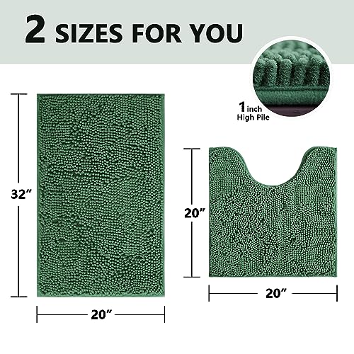 BOANKODU Bathroom Set - 2 Piece Soft Chenille Bath Rugs, Non-Slip, 32x20 + 20x20 Inch U Shape, Machine Washable (Dark Green) - color: Dark Green, size: 20" x 32" + 20" x 20" (U-Shape)