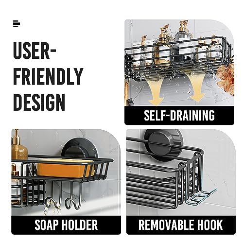 LEVERLOC Shower Caddy Suction Cup, 2 Pack suction shower shelf with Hooks & Soap holder, NO-Drilling Bathroom Holder, Rustproof bathroom organizer, Black - color: 2 X Black