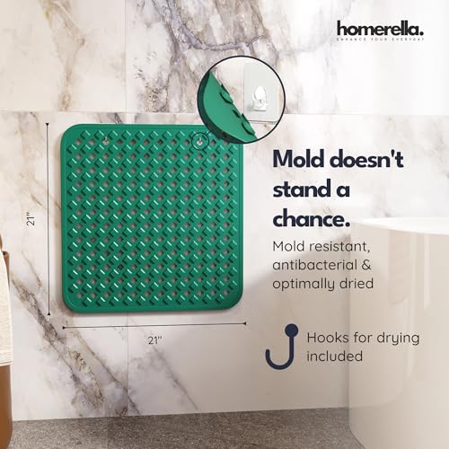 homerella® Shower Mat Non Slip Anti Mold, Non Slip Shower Mats for Inside Shower Stall Anti Slip Mat, Square Shower Floor Mat 21 x 21 in with Suction Cups & Hooks for Quick Drying, Machine Washable - color: Green
