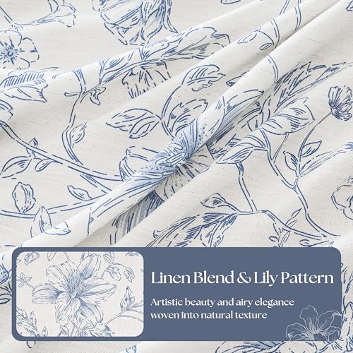 Blue Floral Linen Pleated Kitchen Curtains 63 Inch Long Farmhouse Neutral Country Light Filtering Sketch Flower Print Patterned Drapes for Dining Room Bedroom Memory Trained Botanical Drapes 40x63 - color: Blue, size: 40"W x 63"L (Pack of 2)