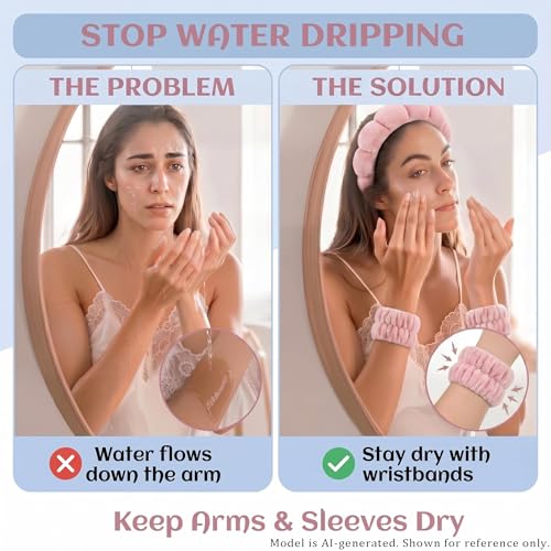 Makeup Headband for Washing Face Wristband Set, Pink | Soft absorbent fabric, snug head-hugging fit for face washing, skincare, makeup, masks, travel, women and teen girls - color: Pink