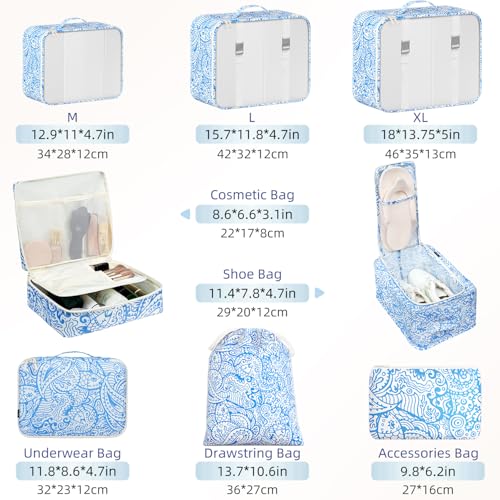 BAGAIL 8 Set Packing Cubes Luggage Packing Organizers for Travel Accessories-Blue paisley - color: Blue paisley, size: 8 Set