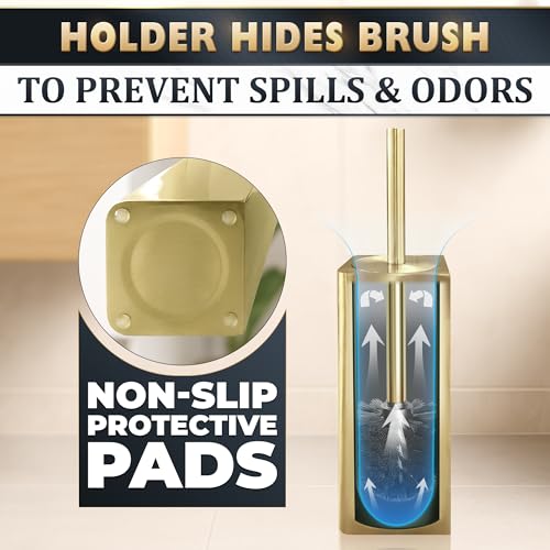 Gold Toilet Brush and Holder Set - Instantly Elevate Your Bathroom Style - Stainless Steel Toilet Bowl Brush and Holder with 2 Rounded Corners, Replaceable Head, Removable Inner Bowl & Splash Guard - color: Gold Squircle