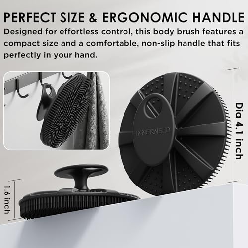INNERNEED Food-Grade Soft Silicone Body Scrubber Shower Brush Handheld Cleansing Skin Brush, with Exfoliating Net Sponge Case (Black Brush) - color: (Set5) Blackcase