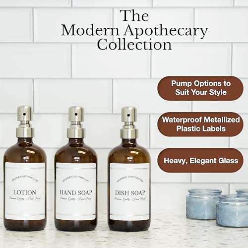 Amber Refillable Hand, Dish, Lotion Dispenser Set with Pumps for Kitchen Sink - Glass Boston Round Bottles - Waterproof Labels - 16 oz - 3 Pack - color: Stainless Steel Pump
