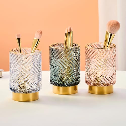 Makeup Brush Holder Organizer,Toothbrush Holders,Desk Pen Pencil Holder,Multifunctional Vintage Glass Brush Cup（A40-9-US） - color: Light Purple