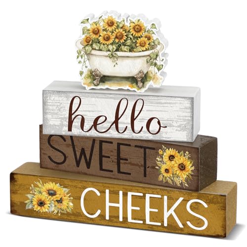 Cinnvoice 4 Pcs Sunflower Bathroom Decor Farmhouse Bathroom Decoration Hello Sweet Cheeks Table Centerpiece Gift for Christmas Valentines Back to School - style: Sunflower Hello Sweet Cheeks