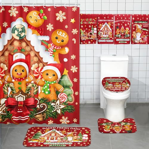FuWeave 8 Pcs Christmas Shower Curtain Set Xmas Santa Bathroom Decoration Christmas Tree Hand Towels Snowman Toilet Lid Cover Bathroom Rugs Xmas Shower Curtain with Hooks(Gingerbread Man) - color: Gingerbread Man