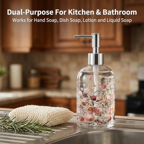 Topadorn 17oz Watercolor Floral Glass Soap Dispenser, Refillable Liquid Pump Bottle, Pink Flower Print for Bathroom Kitchen - color: Pink Flower