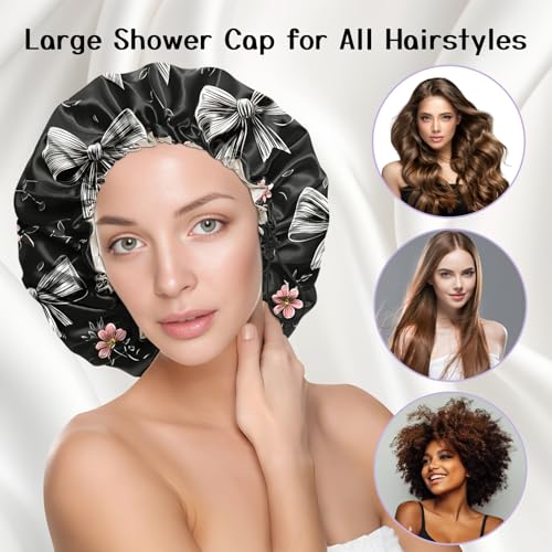 Luxury Shower Cap Silk Satin Lined Waterproof Reusable Adjustable Elastic Dry Hair Bathing Caps Cute for Women Girls-Grey Bowknot - color: C--7-Grey