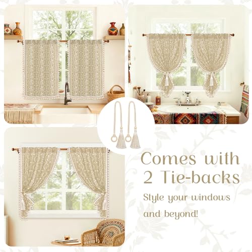 Yinhua Boho Kitchen Curtains 36 Inch Length Vintage Linen Cafe Curtains Light Filtering Bohemian Floral Tier Rod Pocket Farmhouse Rustic Tassel Small Drapes with Tiebacks, 2 Panels, Natural - color: Natural, size: 26"W x 36"L (Pack of 2)