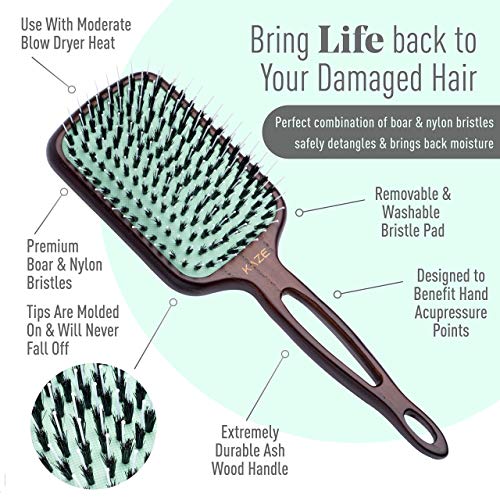 Eco-Friendly Boar Bristle Paddle Hair Brush for Women by MINT | Anti-Breakage Detangling Brush Great for Color-Treated Hair, Extensions and All Hair Types | Hand-Crafted Wooden Handle - size: 133 mm x 83 mm Paddle Brush