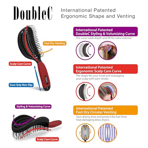 NuWay® DoubleC® Detangling Hair Brush – The Original Home Scalp-Care Brush – Patented Double Curved Scalp Care Hairbrush for Gentle Detangling, Volume Styling & Wet or Dry Hair (Black & Red) - color: Black & Red