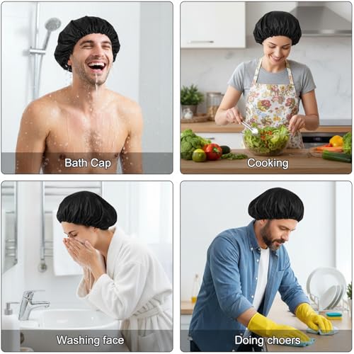 2-Pack Waterproof Shower Cap with 2 Hair Protection Bonnets - 13.4" Adjustable Terry Lined Bath Cap for Long Hair, Braids, Locs, Men & Women, Reusable Polyester Double Layer
