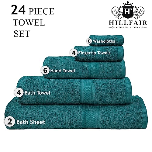 HILLFAIR 100% Cotton Towels Set for Bathroom, Quick Drying, High Absorbent 24Pc Towel Set, 2 Bath Sheets, 4 Bath Towels, 6 Hand Towels, 4 Fingertip Towels, 8 Washclothes: Teal (600GSM-24PC-TEAL) - color: Teal, size: 24 PC Bath Towel Family Set