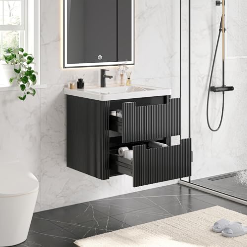 ONBRILL Modern Bathroom Vanity with Sink Combo, Curved Floating Bath Vanity with 2 Drawers, Wall Mount Bathroom Vanities with Integrated Ceramic Sink for Small Space, Apartment (Black, 24") - color: Black, size: 24"
