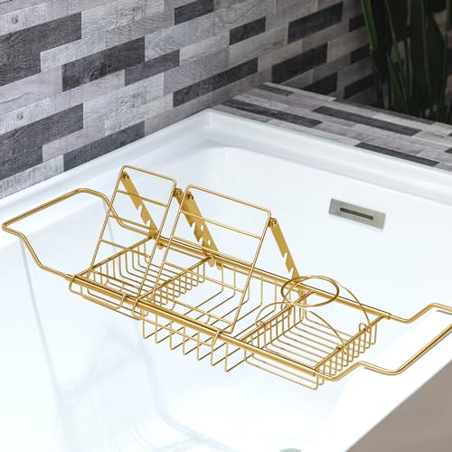 Woodbridge Stainless Steel Extendable Bathtub Caddy Tray in Brushed Gold Finish with Removable Wine Holder, Book and Phone Rack, Bathcad-BG - color: Brushed Gold