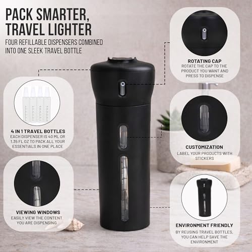 Travigo 4-in-1 Travel Dispenser Bottle, TSA Approved, Leak Proof, Four Reusable 1.4 oz. (40 mL) Toiletry Containers for Shampoo, Conditioner, Soap, Lotion, Skincare (Black) - color: 1 Dispenser (Black)