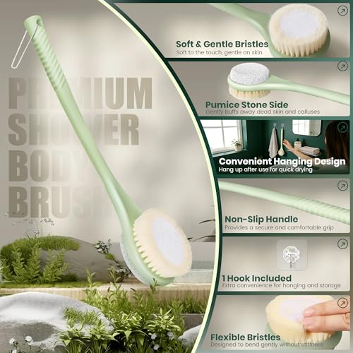 Back Scrubber for Shower, Long Handle Exfoliating Brush, Dual-Sided Bath Brush with Soft Bristles & Volcanic Pumice Stone, Anti-Slip Grip for Men & Women (Green) - color: Greenb