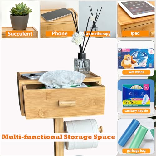 Freestanding Bathroom Toilet Paper Holder Stand with Shelf, Bamboo Toilet Paper Roll Holder with Wet Wipes Storage Drawer(Natural) - color: Natural