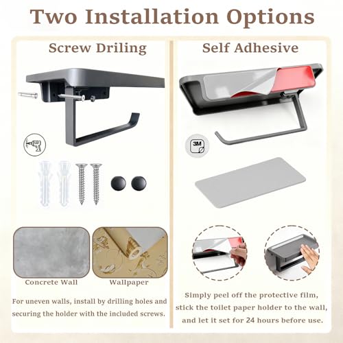 Dark Gray Toilet Paper Holder with Shelf, Premium Thicken Aluminum Alloy, Self Adhesive Toilet Tissue Roll Holder Wall Mount for Bathroom, Washroom, Kitchen, RV with Cell Phone Storage - color: Dark Gray