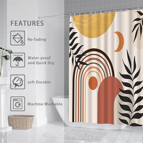 Mid Century Abstract Boho Aesthetic Shower Curtain Set, Green Nature Leaf Sun Modern Minimalist Home Bathroom Curtain Decor with 12 Hooks 72 Inch Wide * 84 Inch High - color: Yellow, size: 84"W x 72"L (Pack of 1)