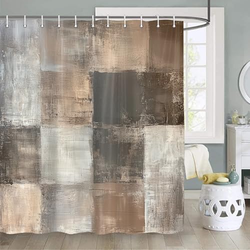 4PCS Brown Grey Abstract Shower Curtain Set, with Non-Slip Rugs, Toilet Lid Cover and Bath Mat Rustic Farmhouse Acrylic Aesthetic Unique Vintage for Bathroom Bathtub Decor Accessories, 72x72 Inch - color: Brown Grey