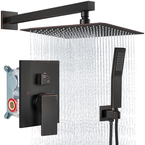 Aolemi Shower Faucet Set Rain Shower System with Handheld Spray Bathroom Shower Combo Rough-in Valve and Shower Trim Kit Included Oil Rubbed Bronze 16 Inch Wall Mount Shower Head - color: Oil Rubbed Bronze, size: 16 Inch Wall Mount Shower Head
