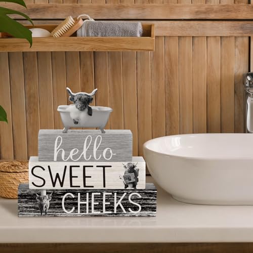 Cinnvoice 4 Pcs Funny Highland Cow Bathroom Decor Farmhouse Bathroom Decoration Western Hello Sweet Cheeks Table Centerpiece Gift for Christmas Valentines Back to School - style: Funny Highland Cow