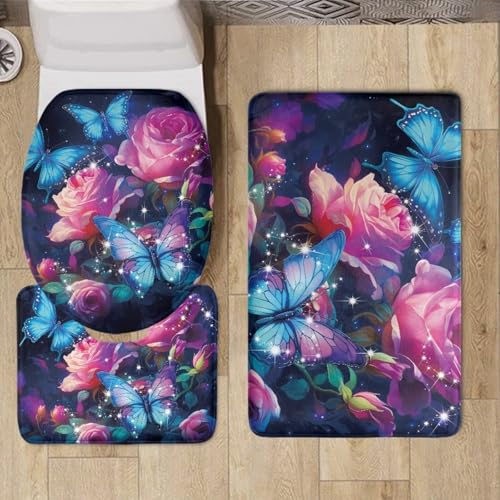 Butterfly Rose Bathroom Rugs Sets 3 Piece Toilet Seat Cover and Rug Set Toilet Lid Protector Set Bathroom Toilet Seat Covers 3 Piece Bathroom Rug Set Toilet Seat Cover Set for Home - color: Butterfly Rose