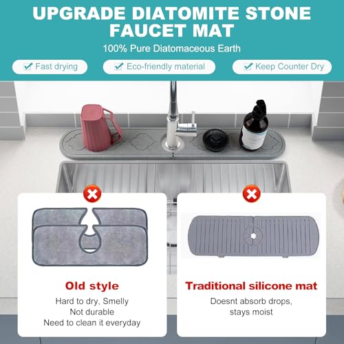 Faucet Mat Absorbent Pad,Diatomite Fast Drying Stone Sink Tray, Revents Moisture Buildup-Durable Faucet Drip Mat for Kitchen Sink and Bathroom Counter,with Non-Slip Dots (White, 24" x 4") - color: White