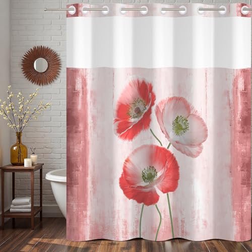 No Hook Floral Shower Curtain and Liner Set 71x74inch | Pink Poppy Flower Pattern, Modern Waterproof Fabric Breathable Mesh Top Bath Curtain for Farmhouse Bathroom, Hotel Decor - color: Pink