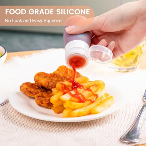 MICEBAY Condiment Squeeze Bottles for Sauces, 2-oz Mini Silicone Salad Dressing Container to Go with Reusable Sandwich Bag, Leakproof Ketchup Bottle for Bento Lunch Box, 4 Pack, Candies - color: Candies, size: 2 OZ