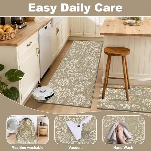 LOKHOM Boho Kitchen Rugs Sets of 3, Non Slip High-Low Textured Kitchen Mats for Floor with Rubber Backing, Paisley Floral Washable Carpet Runner for Hallways Entryway Laundry Sink (Beige & White) - color: Beige, size: 24"x35"+24"x48"+24"x60"