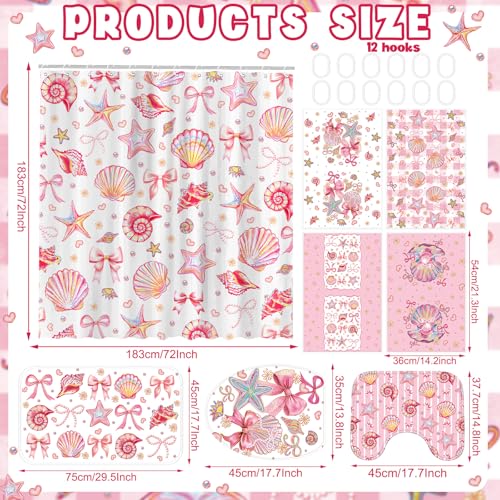 Tatuo 8 Pcs Beach Shower Curtain Set Blue Bow Ocean Summer Beach Party Bathroom Accessories Sets Coquette Starfish Coastal Waterproof Shower Curtain with Towels Carpet Bath Mat Toilet Rugs 12 Hooks - style: Pink Ocean