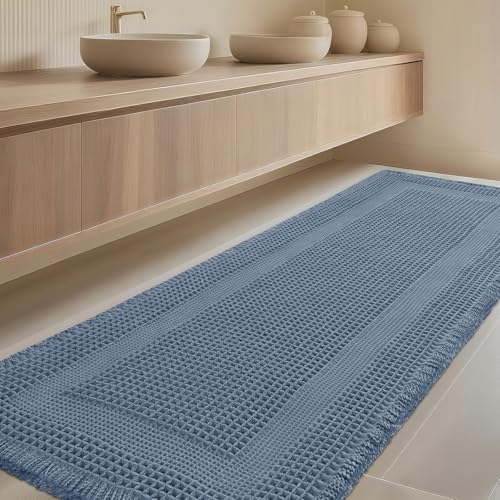 IM HOME Extra Large Waffle Bath Mat, Boho Bathroom Rugs Absorbent Non Slip, Ultra Soft Bathroom Mat, Machine Washable Knit Bath Rugs with Tassels for Bathroom, Bedroom, Kitchen, Shower, 6'x2', Blue - color: Blue-looped, size: 2' x 6' (Runner)