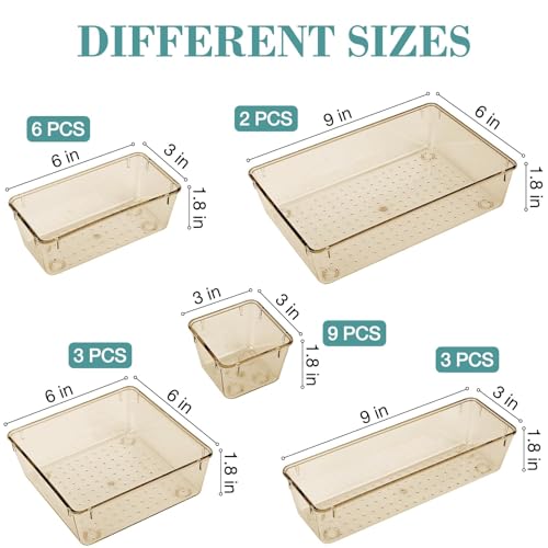 StorMiracle 23 PCS Drawer Organizer Set, 5 Varied Size Bathroom and kitchen Drawer cabinet organizer Trays, Clear Storage Bins for Makeup, Jewelry, Utensils and Gadgets, Champagne - color: Champagne, size: 23 PCS