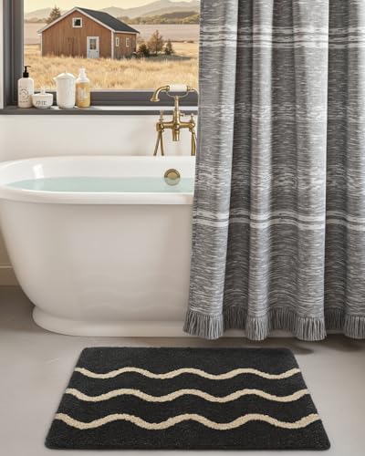 DEXI Wave Striped Bathroom Rug Washable, 36x24 Non Slip Bath Mat Absorbent, Ultra Soft Plush Microfiber Bathmat Quick Dry for Shower Floor, Tub, Sink, Black - color: Wave Stripes, size: 36" X 24" (Rectangular)