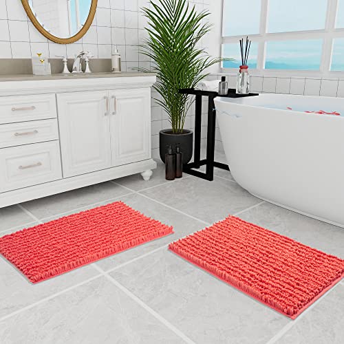 Walensee Bathroom Rug 2 Pieces Set Non Slip Bath Mat (20"x32" Plus 20"x32" Living Coral) Water Absorbent Super Soft Shaggy Chenille Machine Washable Dry Extra Thick Perfect Carpet for Shower Floor - color: Coral, size: 20"x32" plus 20"x32"