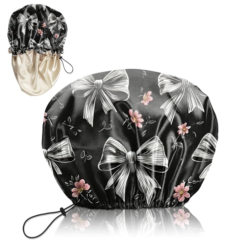 Luxury Shower Cap Silk Satin Lined Waterproof Reusable Adjustable Elastic Dry Hair Bathing Caps Cute for Women Girls-Grey Bowknot - color: C--7-Grey